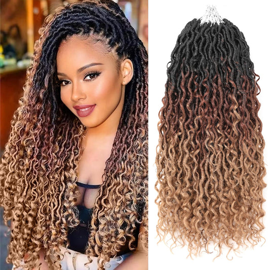 Aipin Goddess Locs Crochet Hair 18 Inch Boho River Locs Hippie Wavy Crochet With Curly Hair In Middle And Ends Braids Hair Extensions (7Packs,18 inch, 3T1B/30/27)