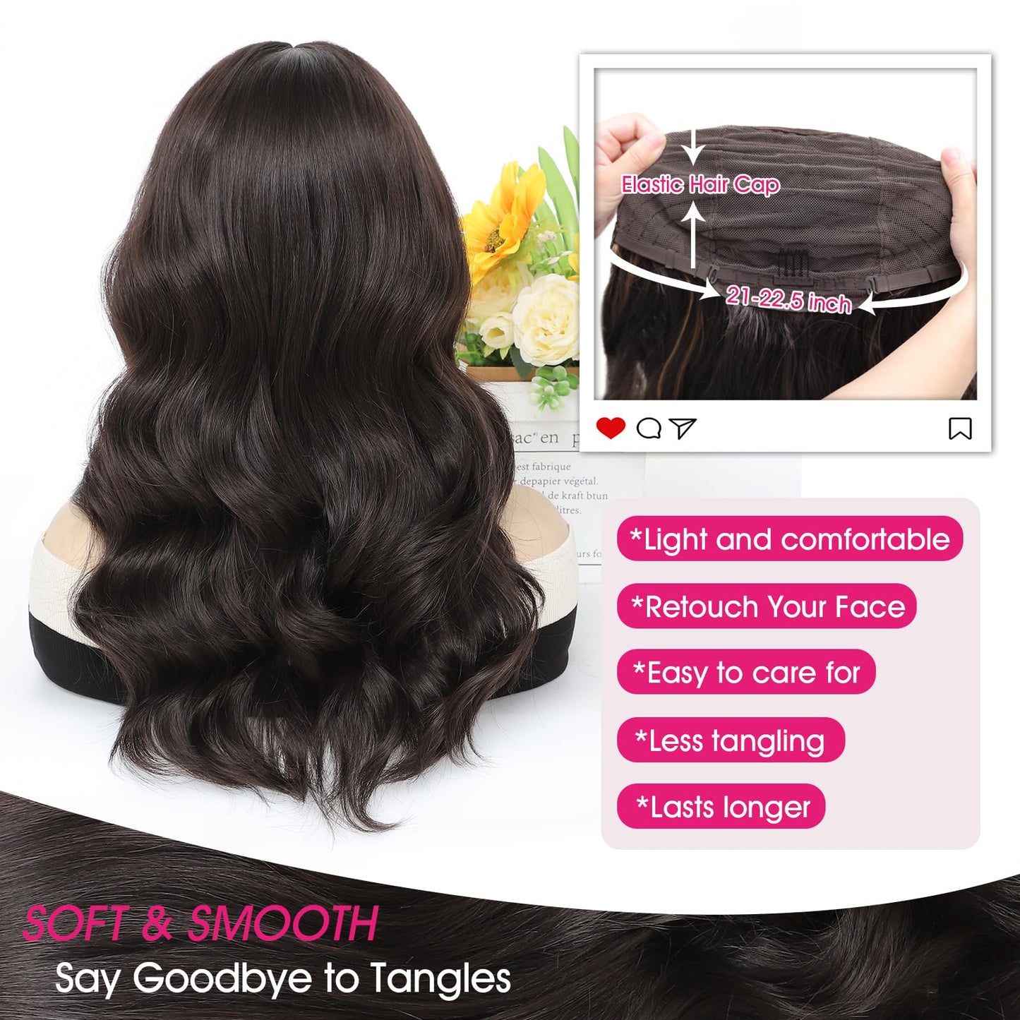 Niceone Hair 18 Inch Dark Brown Wig for Women, Middle Part Medium Length Wavy Synthetic Hair Wig, Upgraded Strands Natural Hairline Design for Daily Party Halloween(Dark Brown,18 Inch)