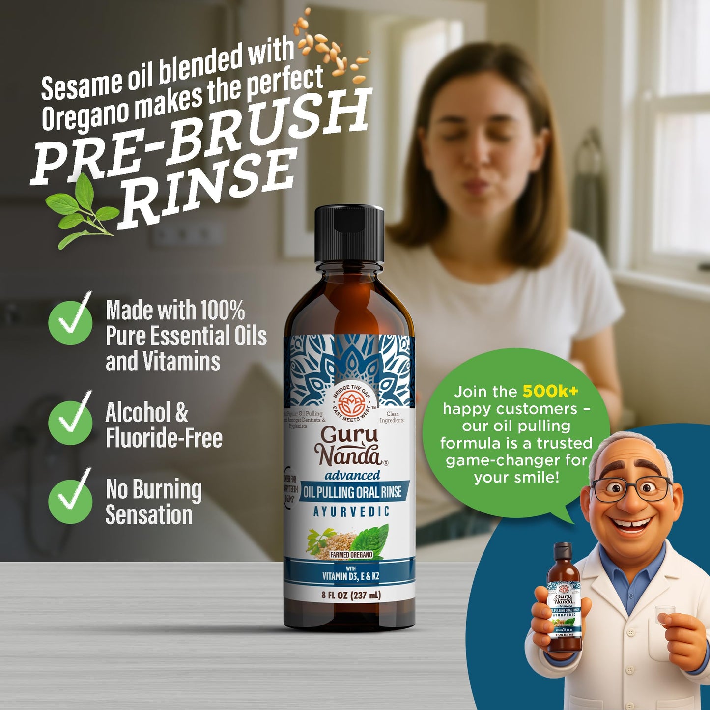 GuruNanda Advanced Oil Pulling Mouthwash for Enhanced Oral Care with Sesame & Oregano Oil, Promotes Deep Cleaning for Healthy Teeth & Gums, with Toothbrushes & Tongue Scrapers, Alcohol-Free, 3X8 Oz