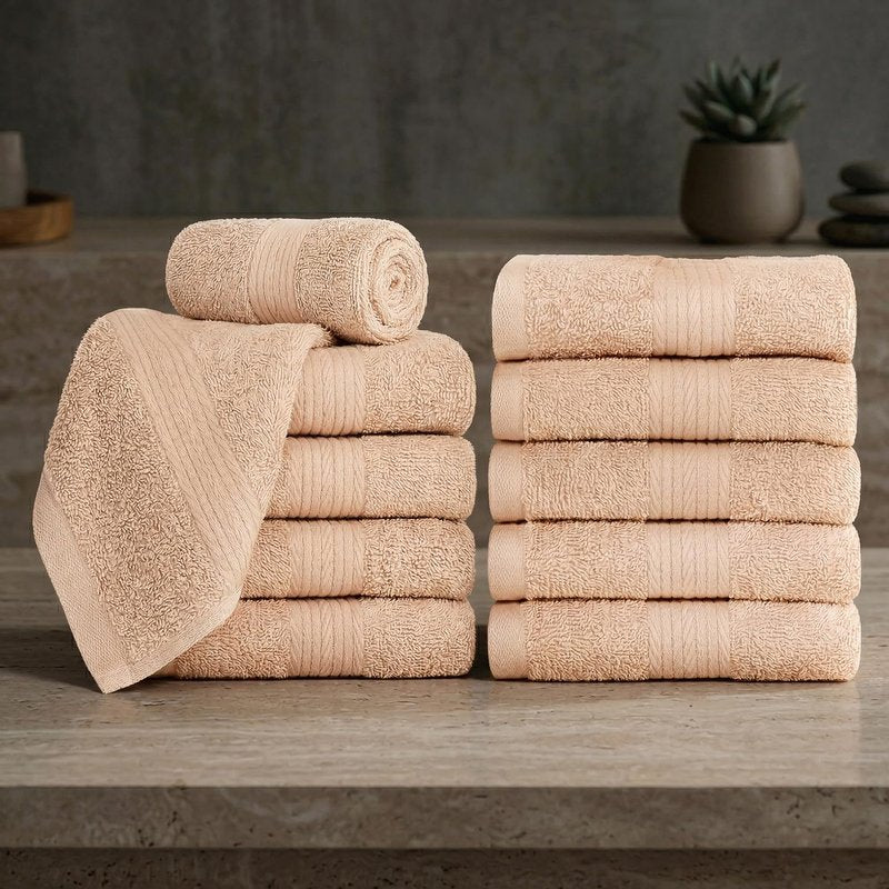 Ample Decor Wash Cloths Pack of 10, Oeko Tex Certified 600 GSM 100% Cotton Soft Absorbent, Premium Quality Durable Machine Washable, Ideal for Bathroom, Pool, Hotel, Spa – Beige