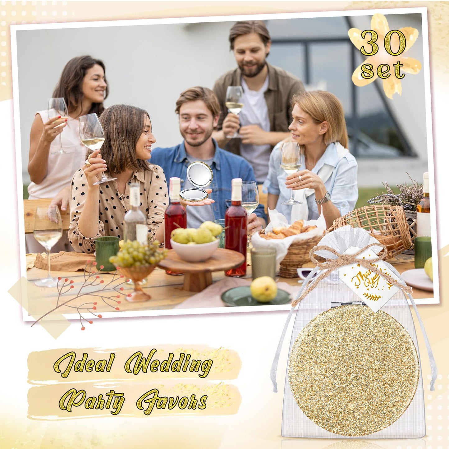 Chunful 30 Sets Compact Magnifying Mirrors Gifts with Thank You Card and Rope Quinceanera Party Favors for Guests Bridal Shower Wedding Souvenir Bridesmaids Mother's Day(30 Pcs,Champagne)