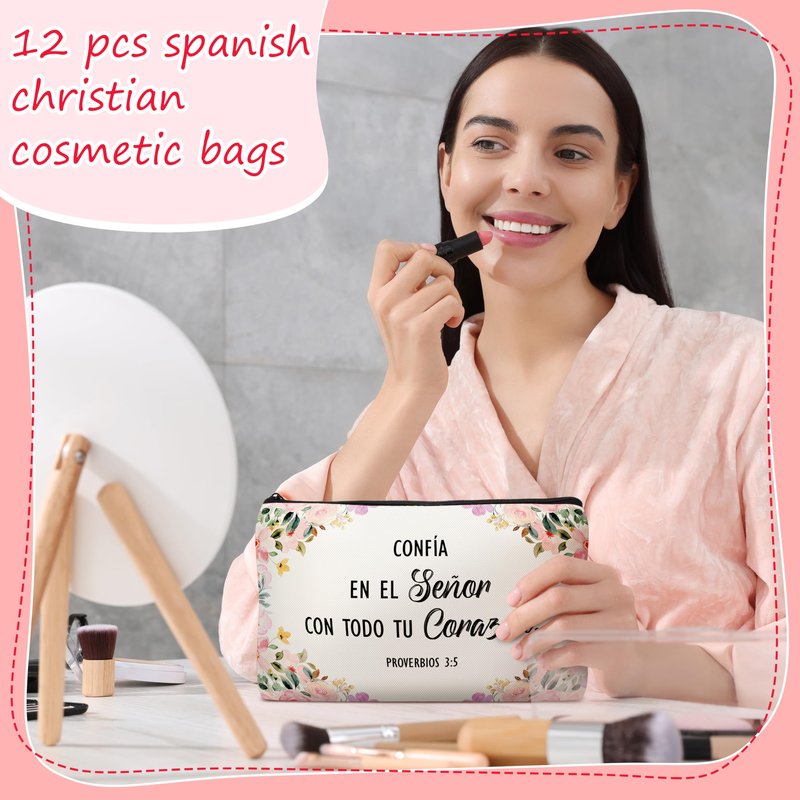 24 Pcs Spanish Christian Gift Set - 12 Women Makeup Bags Bulk & 12 Butterfly Keychains Inspirational Bible Verse Cosmetic Bags Religious Gifts for Women Regalos Religiosos Para Mujer En Español