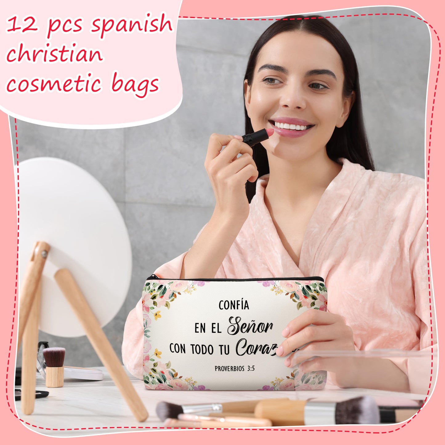 24 Pcs Spanish Christian Gift Set - 12 Women Makeup Bags Bulk & 12 Butterfly Keychains Inspirational Bible Verse Cosmetic Bags Religious Gifts for Women Regalos Religiosos Para Mujer En Español