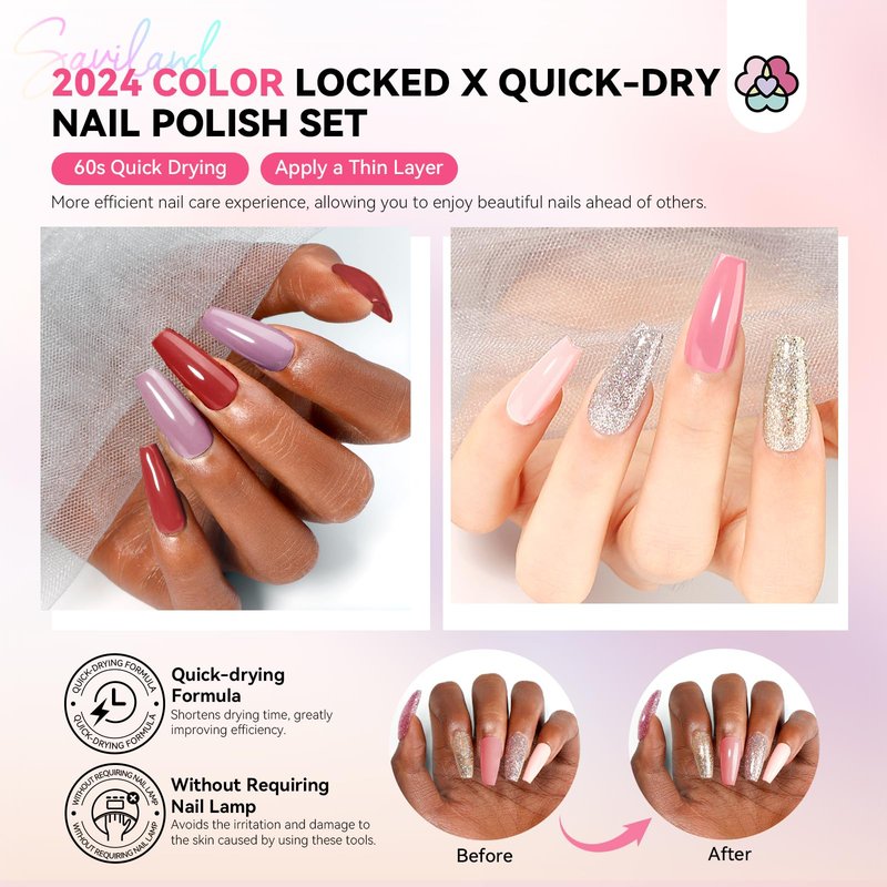 SAVILAND Nail Polish Set: 20 Colors Quick-Dry Fingernail Polish Gray Pink Blue Burgendy Gliiter Regular Nail Lacquer with Base Matte Glossy Top Coats for Home Salon Gift for Christmas
