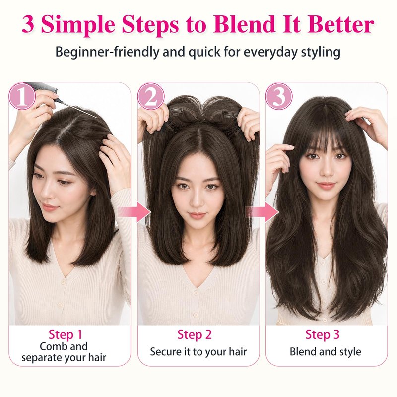ALXNAN Hair Toppers For Women with Thinning 3D 360°Cover,26Inch Mocha Brown Long Straight Layered Clip In Synthetic hair topper with Bangs