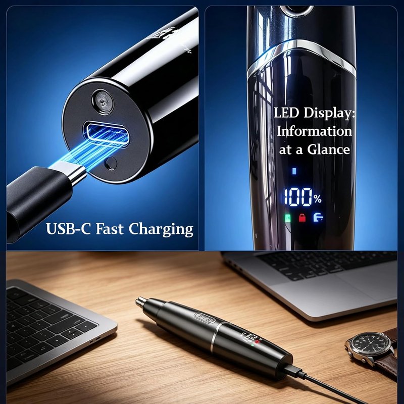 5-in-1 Nose Hair Trimmer for Men - USB-C Rechargeable Electric Grooming Kit | Painless Eyebrow & Facial Trimmer, IPX7 Waterproof, LED Display