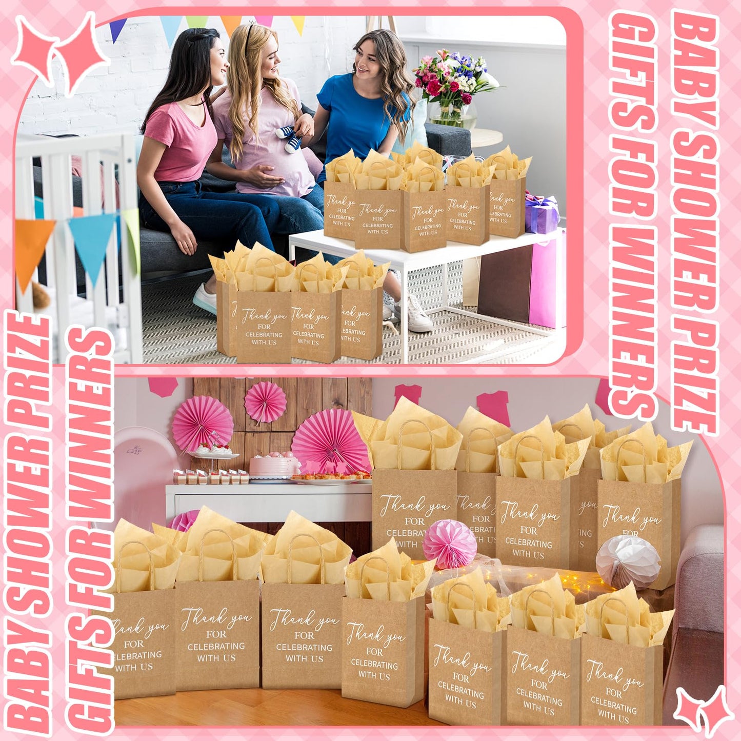 CraftyDream 6 Sets Baby Shower Prizes for Game Winners Thank You Gift Bags with Tissue Paper Sunglasses Square Hair Clip Hair Scrunchies Headband Bath Sponges for Baby Shower Bridal Shower Game Gifts