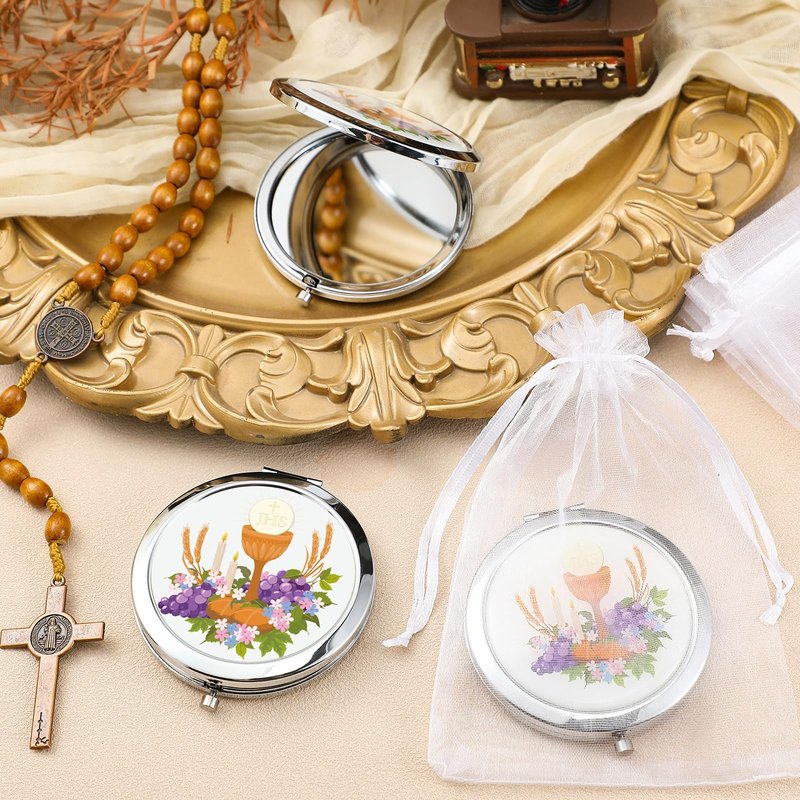 Bucherry 24 Pack Baptism Compact Mirror Favor with Organza Bags Bautizo Recuerdos De Bautizo Para Holy Spirit Baptism Compact Mirror for Christening Party Favor