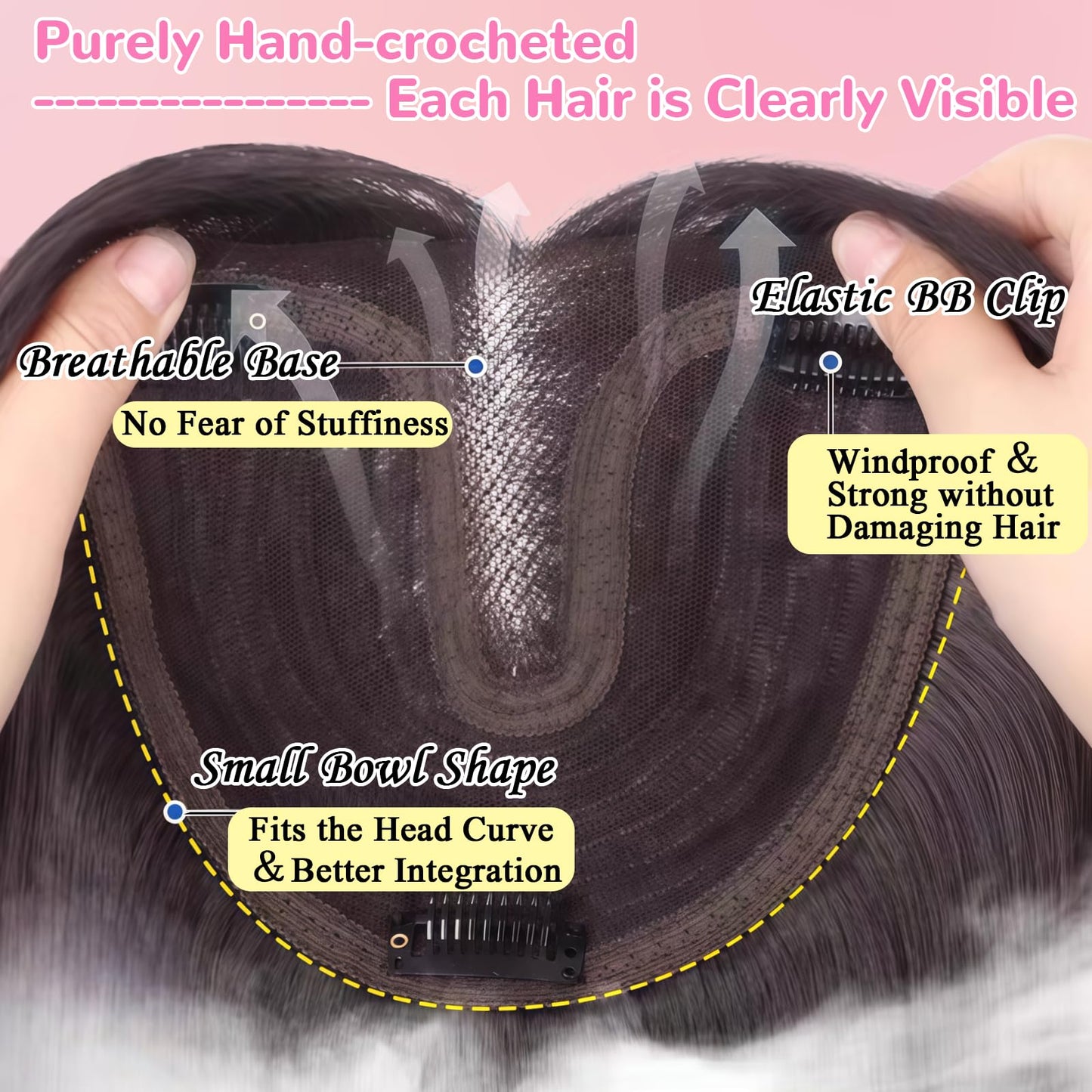 LEDIZE Hair Toppers for Women, 20 Inch Hand Tied Breathable Toppers Hairpieces for Women with Thinning Crown Wispy Bangs Mix Human Hair Wavy Curly Lightweight Wiglets (Dark Brown, Wispy Bangs)