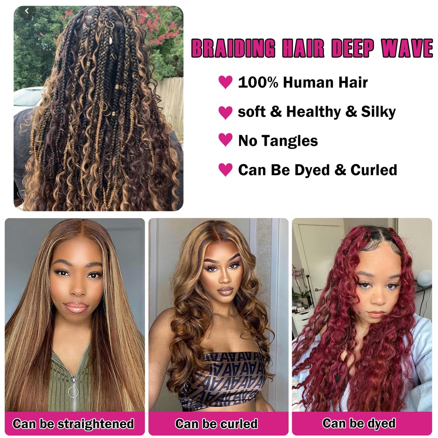 Highlight Human Braiding Hair for Boho Braids 110g Deep Water Wave Bulk Human Hair for Braiding Knotless 12A Curly Bulk Bohemian 3 Bundles P/430 Unprocessed Brazilian Ombre Extensions 18 Inch
