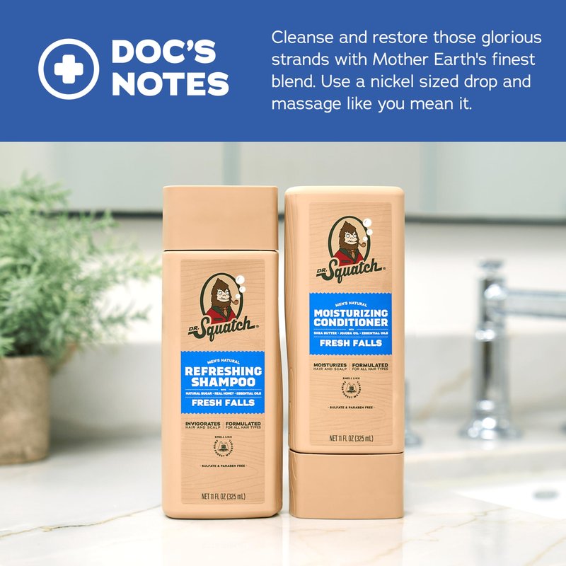 Dr. Squatch Men's Natural Shampoo and Conditioner Set – Sulfate & Paraben Free Natural Shampoo and Conditioner for Men – Scalp Nourishing Formula – Fresh Falls (11 fl oz, 2-Pack)