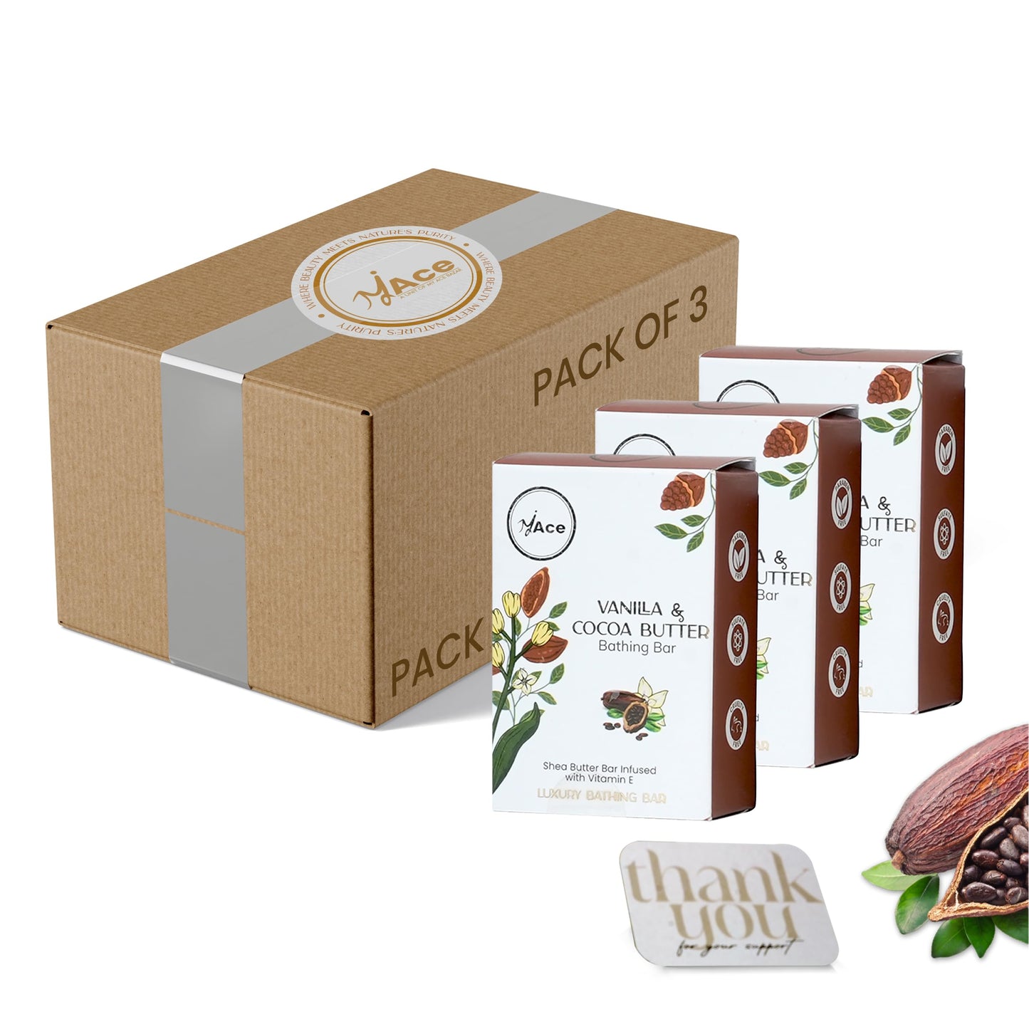 MY ACE Vanilla & Cocoa Bathing Bar Soap - Handmade with Essential & Coconut Oil, Shea Butter, Vitamin E for Skin Cleansing & Moisturizing - SLES Free for Face, Hair, Body Wash (3.5 Oz Each, Pack of 3)