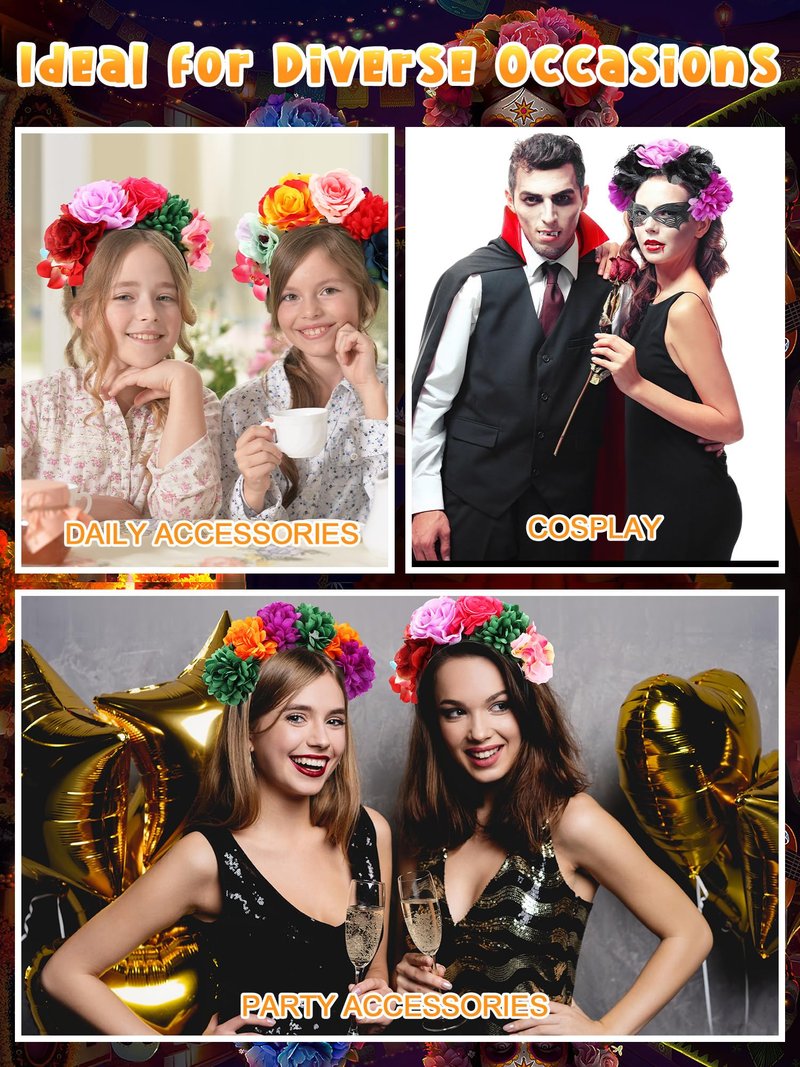 Zeyune Mexican Flower Headband Fiesta Rose Flower Crown Costume Mexican Headpiece for Women Party Cosplay Halloween(Bright Color,8 Pcs)