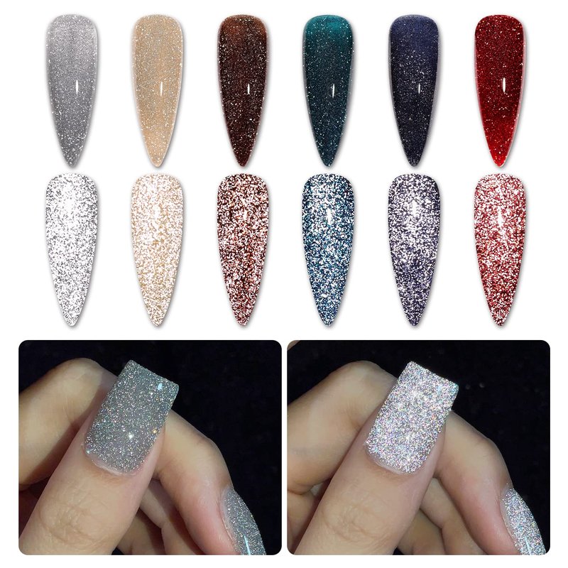 GAOY Reflective Glitter Gel Nail Polish Set, 6 Colors Including Red Brown Blue Holographic Glitter Gel Polish Kit UV LED Soak Off Sparkly Home DIY Manicure Nail Salon Shiny Varnish