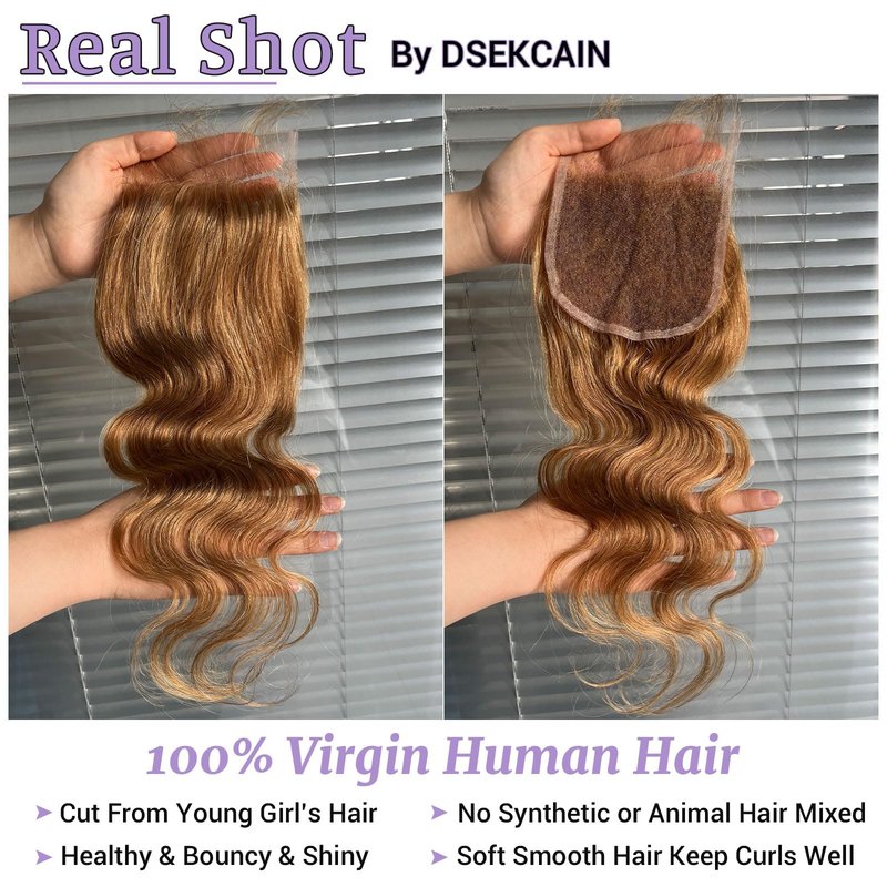 DSEKCAIN 27# Honey Blonde 5x5 Body Wave Lace Closure 100% Real Human Hair 12 Inch Transparent hd 5x5 Lace Closure Can Be Dyed and Restyled 150% Density