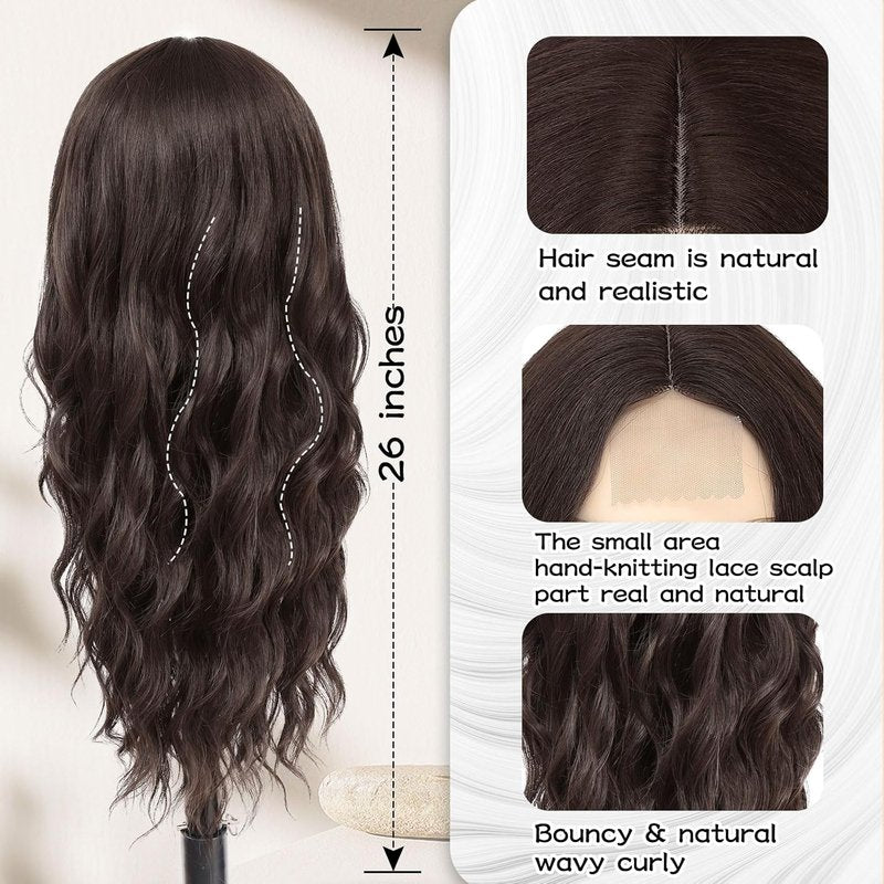 Long Wavy Wig for Women - Dark Brown Synthetic Heat Resistant Fiber | 26 Inch Daily Party Wear
