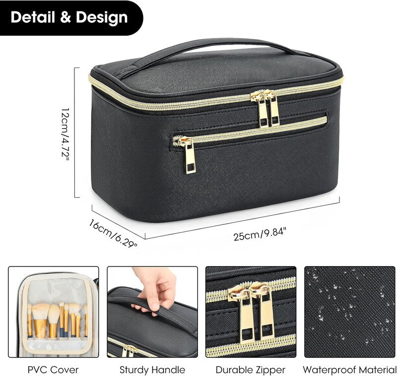 Travel Makeup Bag Organizer - Large Capacity Waterproof Cosmetic Pouch with Divider | Black Clamshell Case