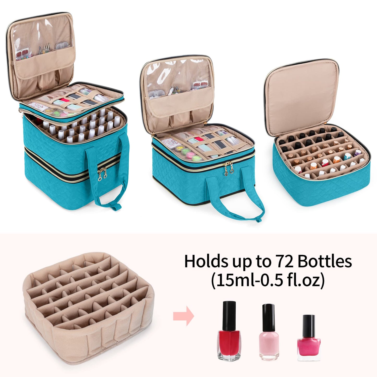 Yarwo Nail Polish Organizer - 72 Bottle Case (15ml/0.5 fl.oz), Detachable 3-Layer Storage Bag with Removable Dividers for Nail Lamp & Tools, Teal