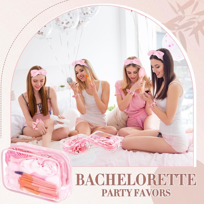 Daifunli 6 Set Pink Spa Party Favors for Women Travel Makeup Brush Bag Mini Hair Brushes Headband Scrunchies for Sleepover Bachelorette Wedding Bridal Shower Party Supplies Bridesmaid Gifts
