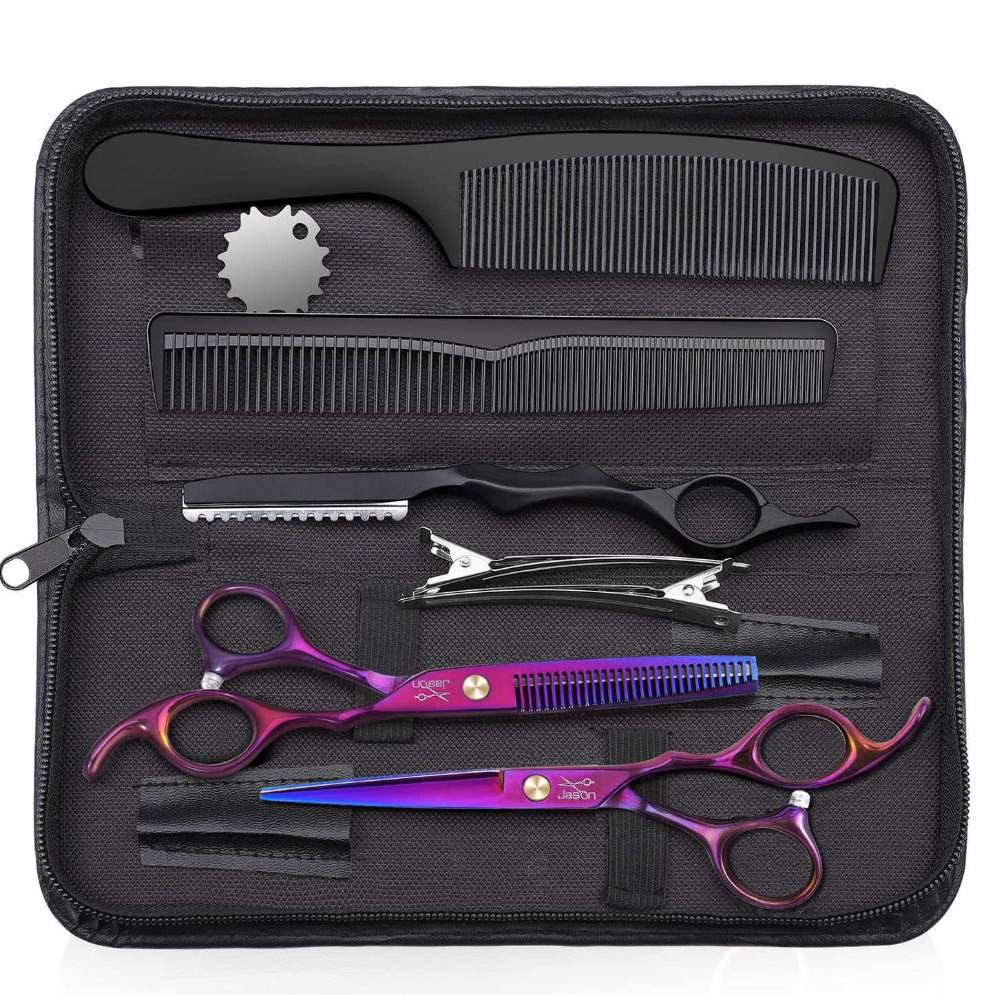 JASON Hair Cutting Scissors Professional - 10 PCS Haircut Scissors Set, Thinning Shears for Hair Cutting with 30 Teeth, Straight Shears for Men Women Home Salon Barber Purple