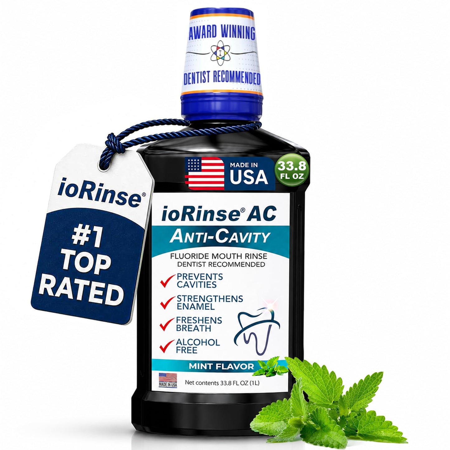 ioRinse AC Anticavity Fluoride Mouthwash - Alcohol-Free Molecular Iodine Mouth Wash Fights Tooth Decay & Protects Enamel - Safe Mint Rinse for Sensitive Mouths - Potent Bad Breath Protection - 33.8 oz