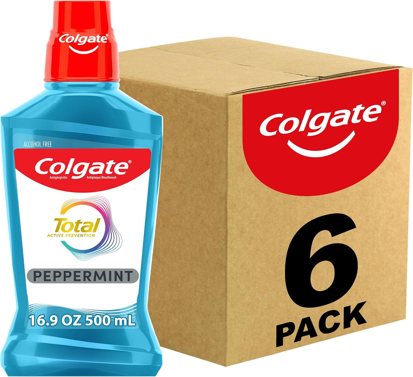 Colgate Total Pro-Shield Mouthwash | Alcohol-Free Antibacterial Formula, Peppermint - 500 mL (6 Pack)