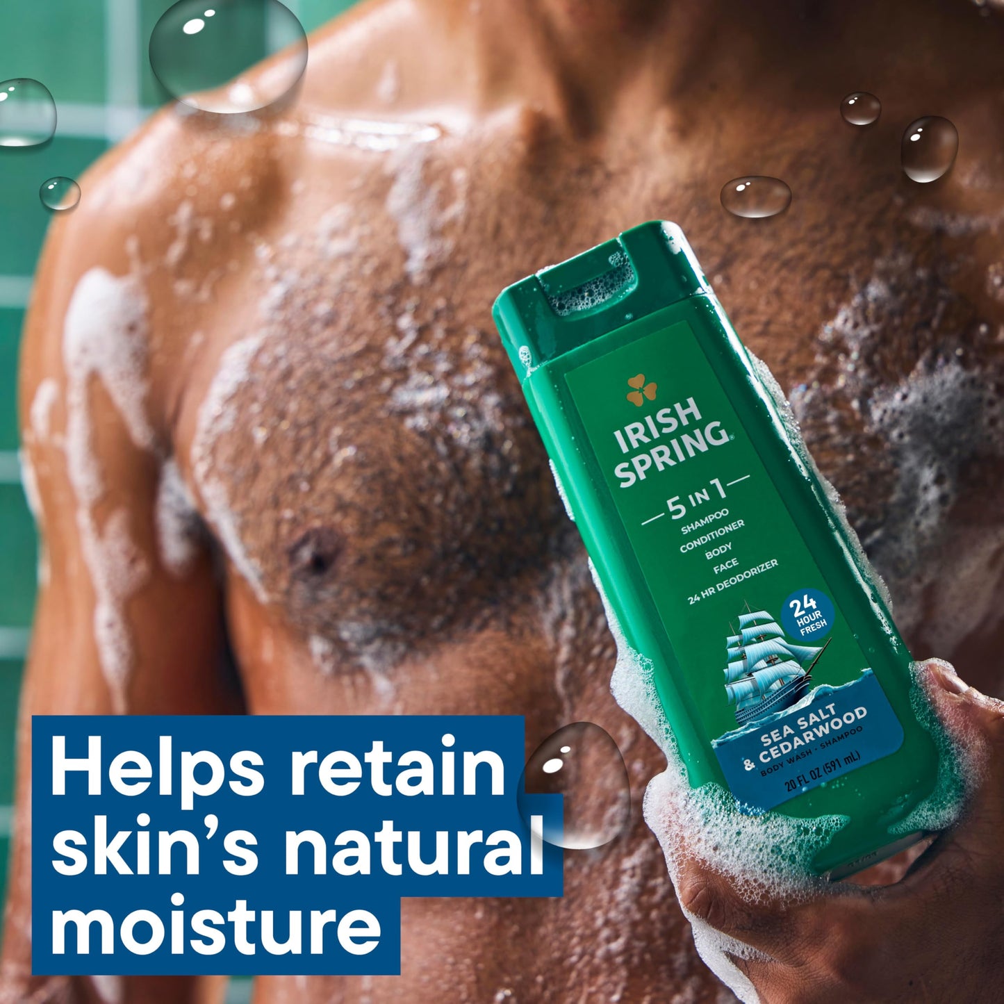 Irish Spring 5 in 1 Moisturizing Body Wash for Men, Shampoo, Conditioner, Body and Face Wash, and 24 Hour Deodorizer, Paraben-Free, Sea Salt & Cedarwood Scent, 20 fl oz, 4 Pack