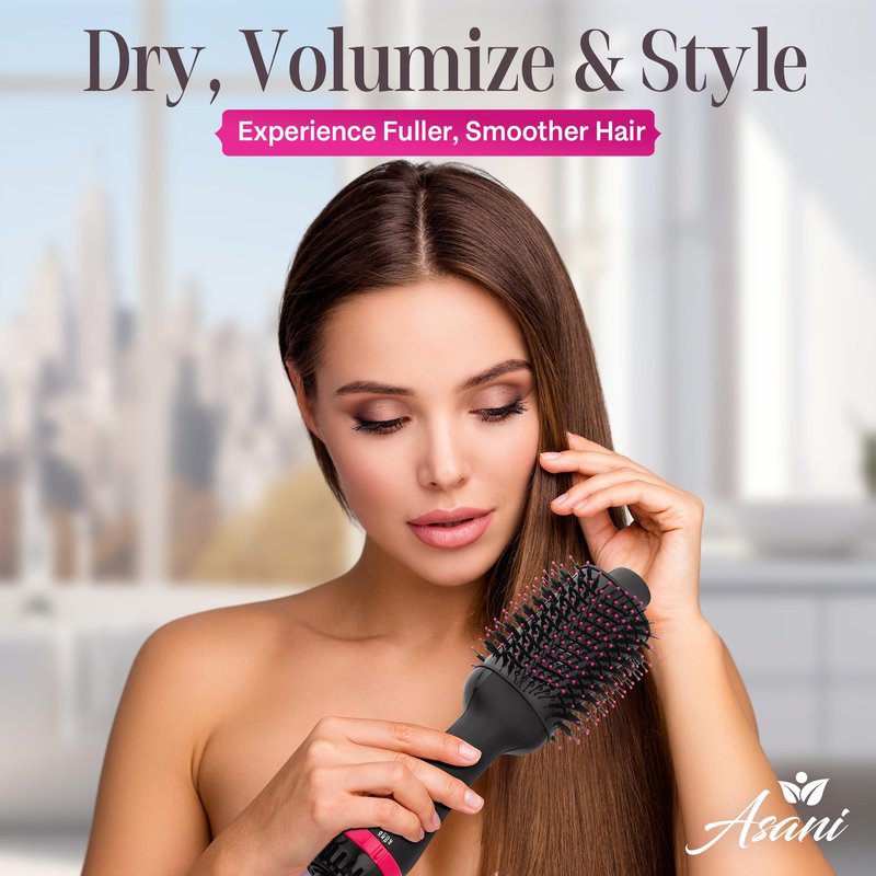 Asani Hair Dryer Brush - 4-in-1 Blow Dryer with Comb, Curling & Hot Hair Straightener Brush - Round Blowout Straightening Brush with Anti-frizz Ceramic Titanium Barrel for All Hair Types (120V)