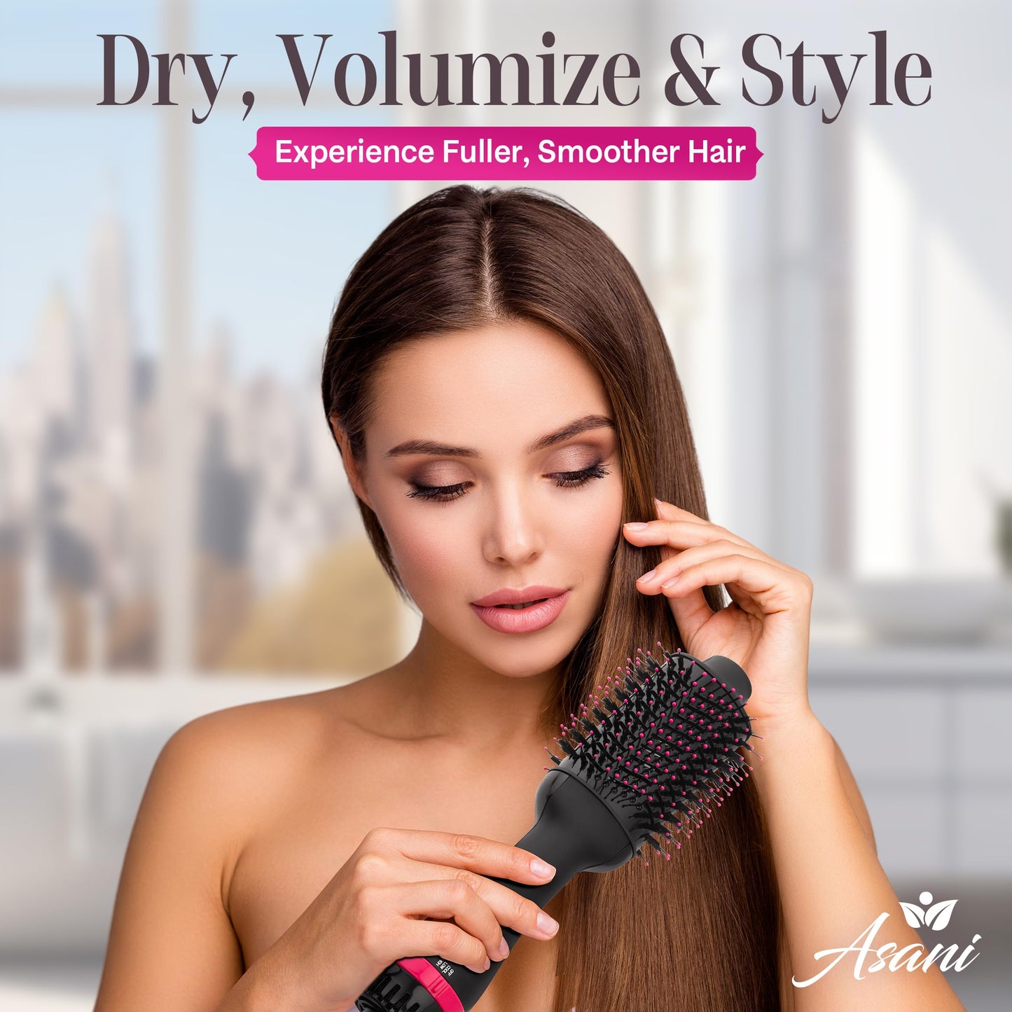 Asani Hair Dryer Brush - 4-in-1 Blow Dryer with Comb, Curling & Hot Hair Straightener Brush - Round Blowout Straightening Brush with Anti-frizz Ceramic Titanium Barrel for All Hair Types (120V)