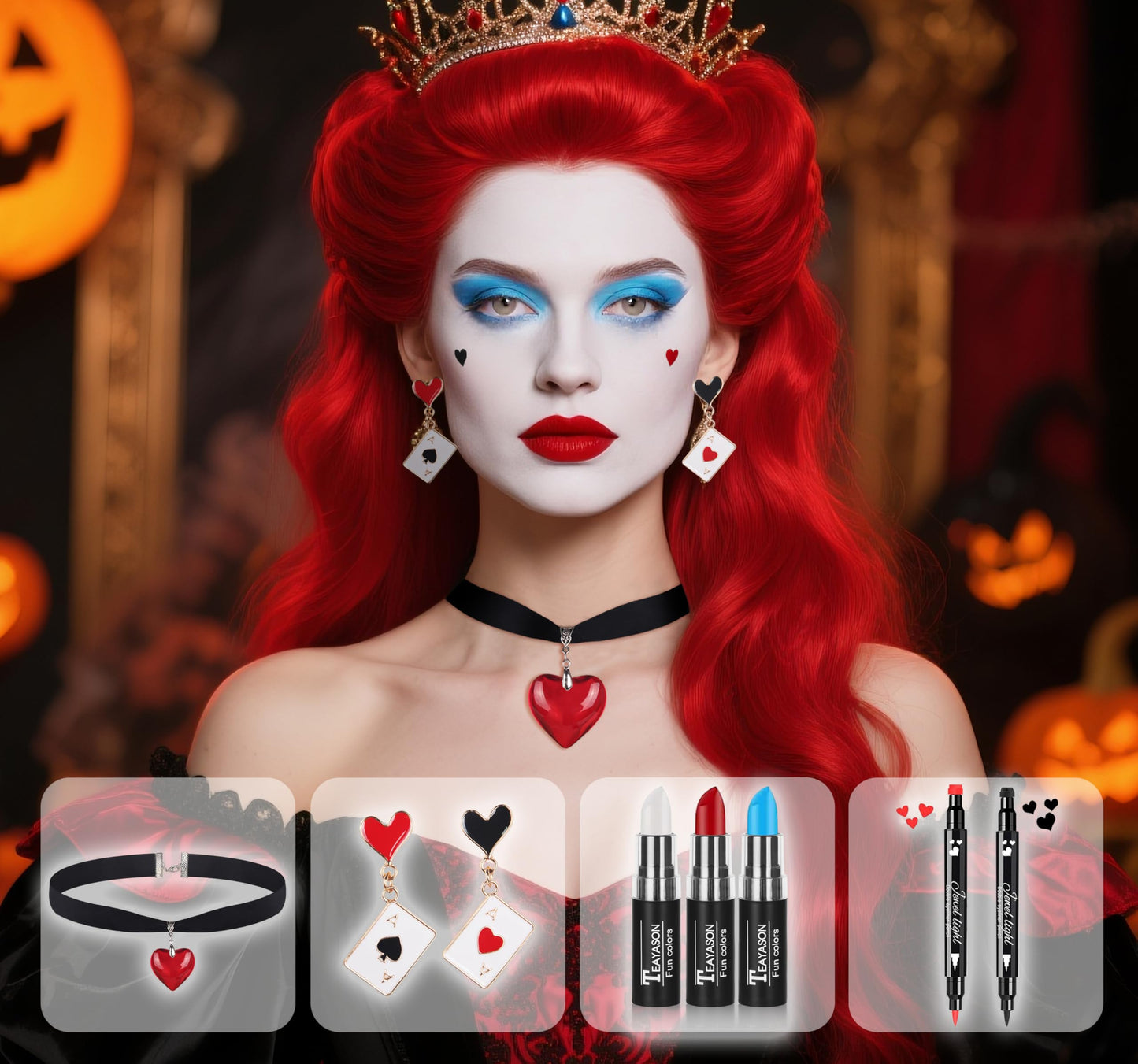 Go Ho Red White and Blue Multi-use Lip Face Paint Stick,2PC Red&Black Hearts Eyeliner Stamp,Heart-shaped Earrings and Necklace Kit,Queen Cosplay Halloween Costumes Party Accessories for Women