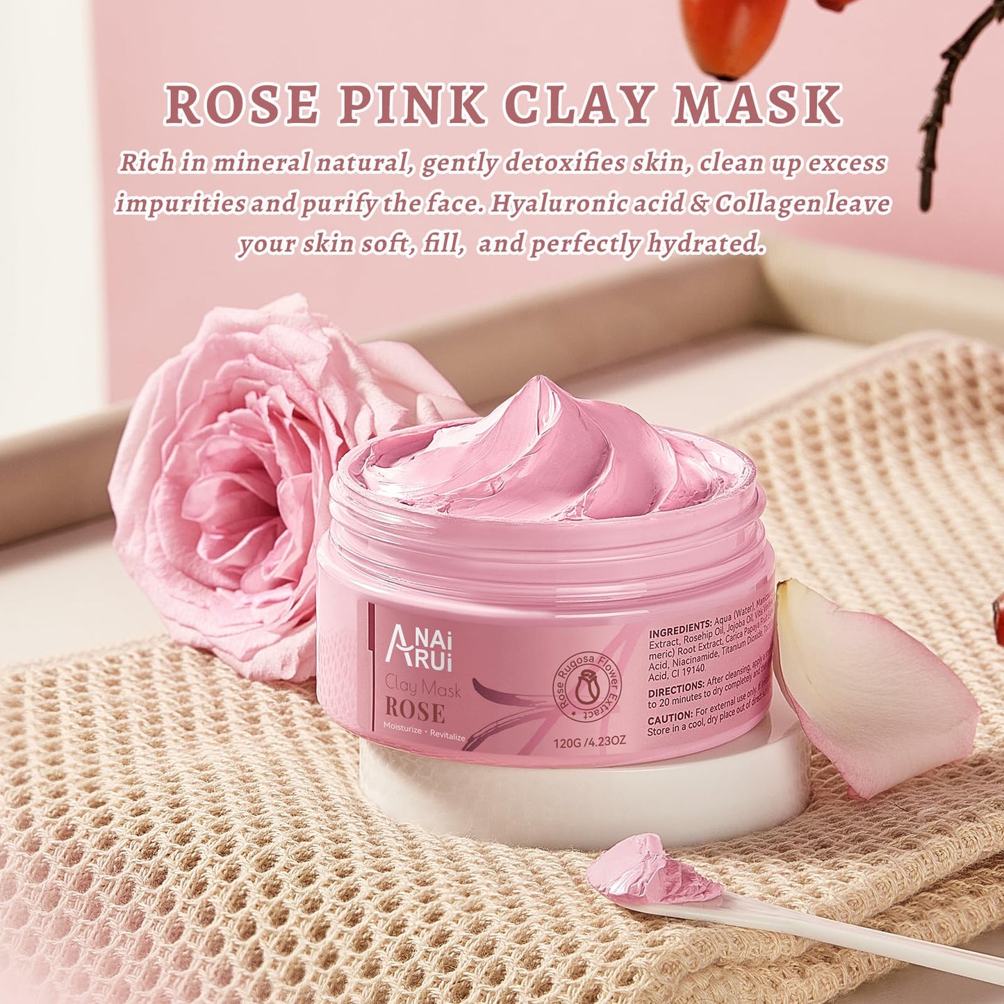 ANAI RUI Rose Facial Mask, Deep Cleansing, Clay Mask with Kaolin Pink Clay, Gifts for Women, Niacinamide, Collagen, Hyaluronic Acid for Moisturizing & Smooth Skin, Pores Minimizers, 4.23Oz
