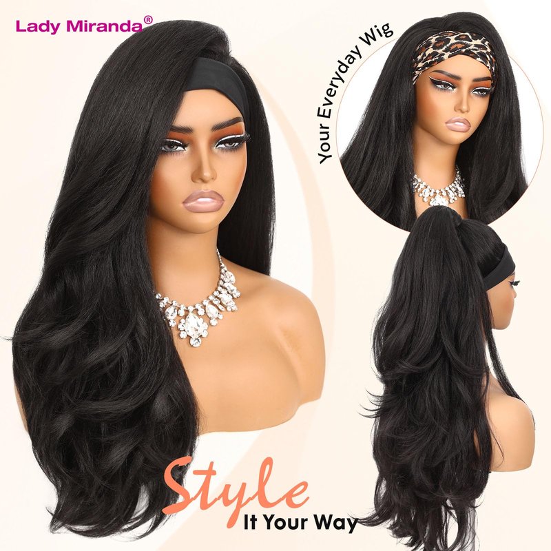 Lady Miranda 26 Inch Yaki Wavy Headband Wigs for Black Women Wear and Go Kinky Straight Headband Wig with Layered Blowout Texture Lightweight Glueless Half Wig Natural Looking Synthetic Wig