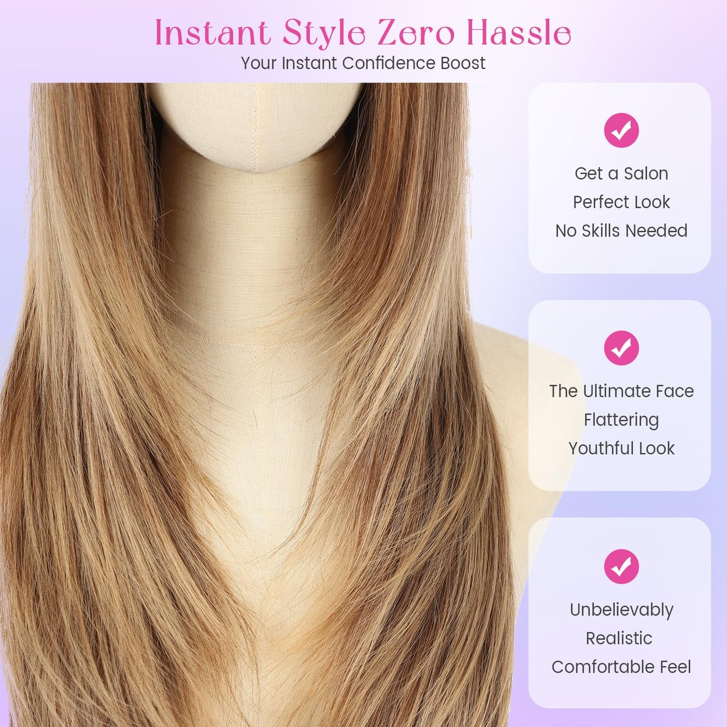 testar 4x4 Realistic Scalp Long Ombre Brown Blonde Straight Wigs With Bangs for Women Synthetic Heat Resistant Fiber 26IN Layered Brunette Wigs for Daily Use