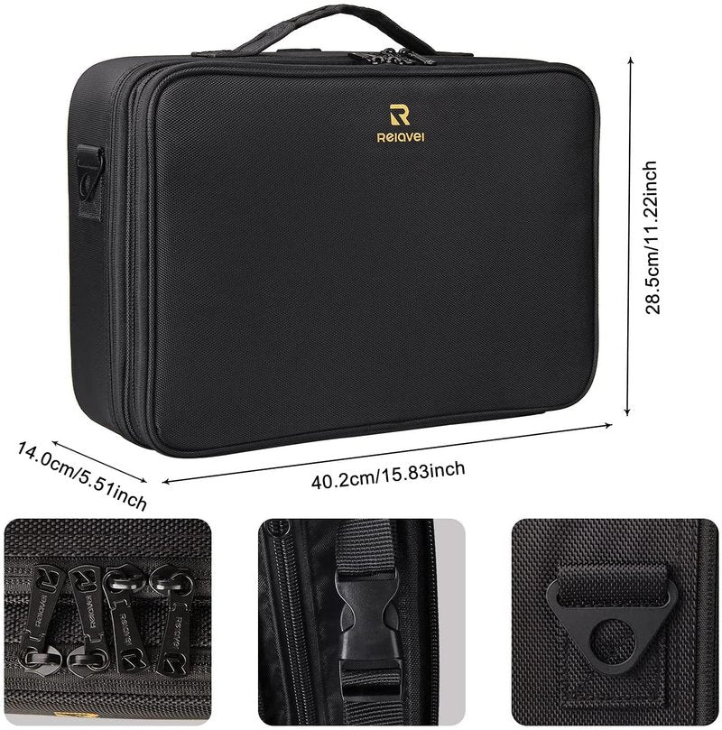 MONSTINA Large Makeup Travel Case Bag,Professional Makeup Artist Train Case with Brush organizer,Large Capacity Cosmetic Bag with Zipper Pocket and Adjustable Compartment（PU Leather Black）