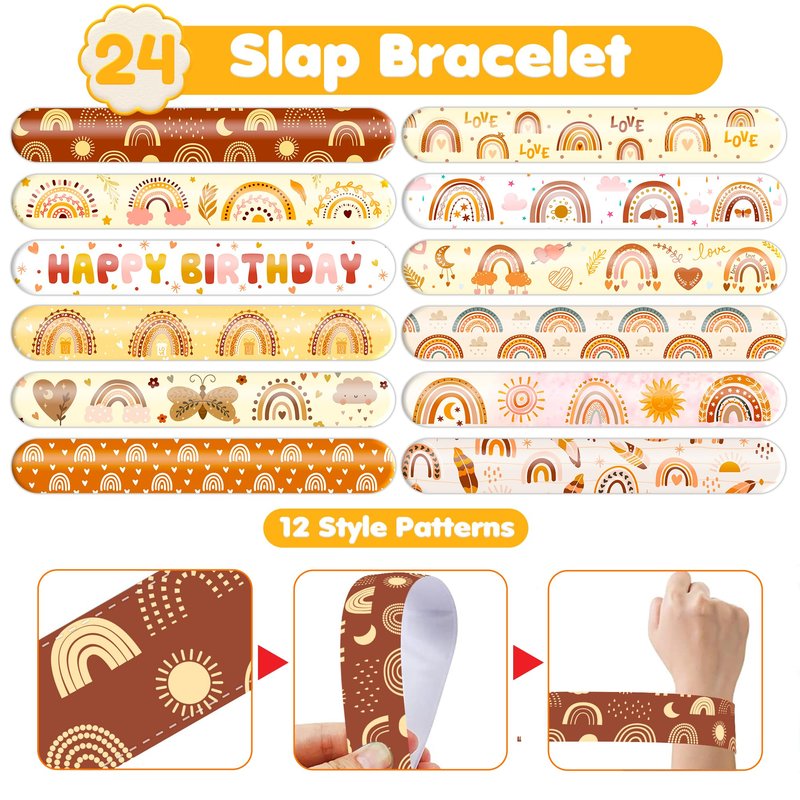48PCS Boho Rainbow Party Set - 24PCS Temporary Tattoos & 24PCS Slap Bracelets - Fun Birthday Supplies, Baby Shower Gifts, Classroom Rewards & Boho-Themed Decor for Kids (Boys & Girls)