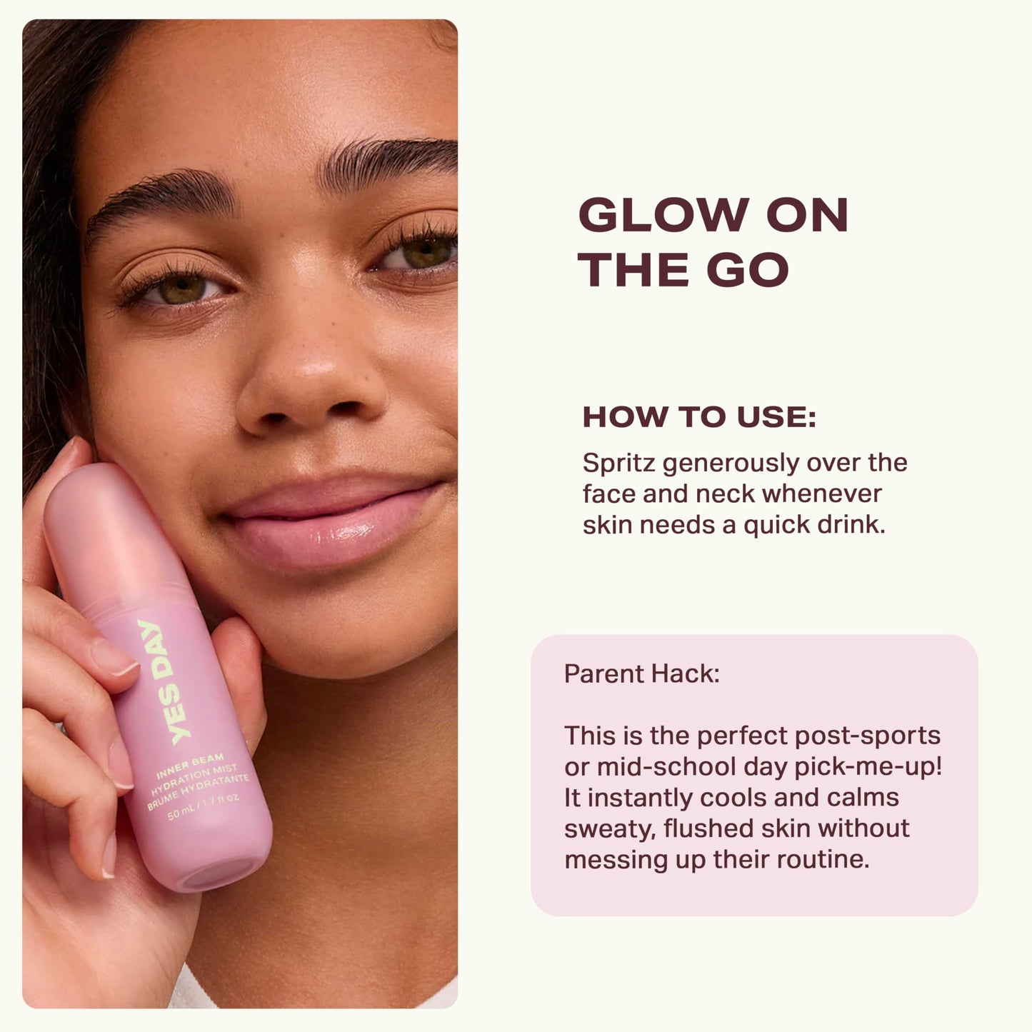 Yes Day Inner Beam Hydrating Face Mist for Teens – Travel Size Facial Spray for Teens & Ages 10 Up, with Kiwano Melon, Glucosamine & Polyglutamic Acid (50ml)