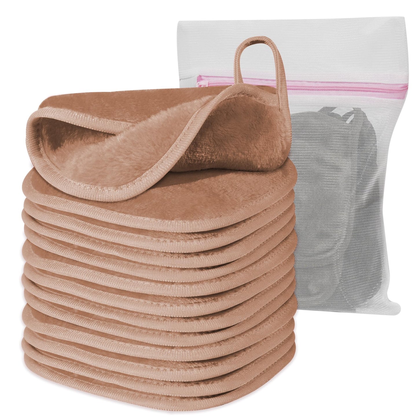 Natwag Makeup Remover Cloth, 6" x 6" Make Up Towels Reusable Face Cloth for Washing Face, Makeup Remover Pads Microfiber Face Washcloth with Mesh Bag, Just Water, 12 Pack, Light Brown