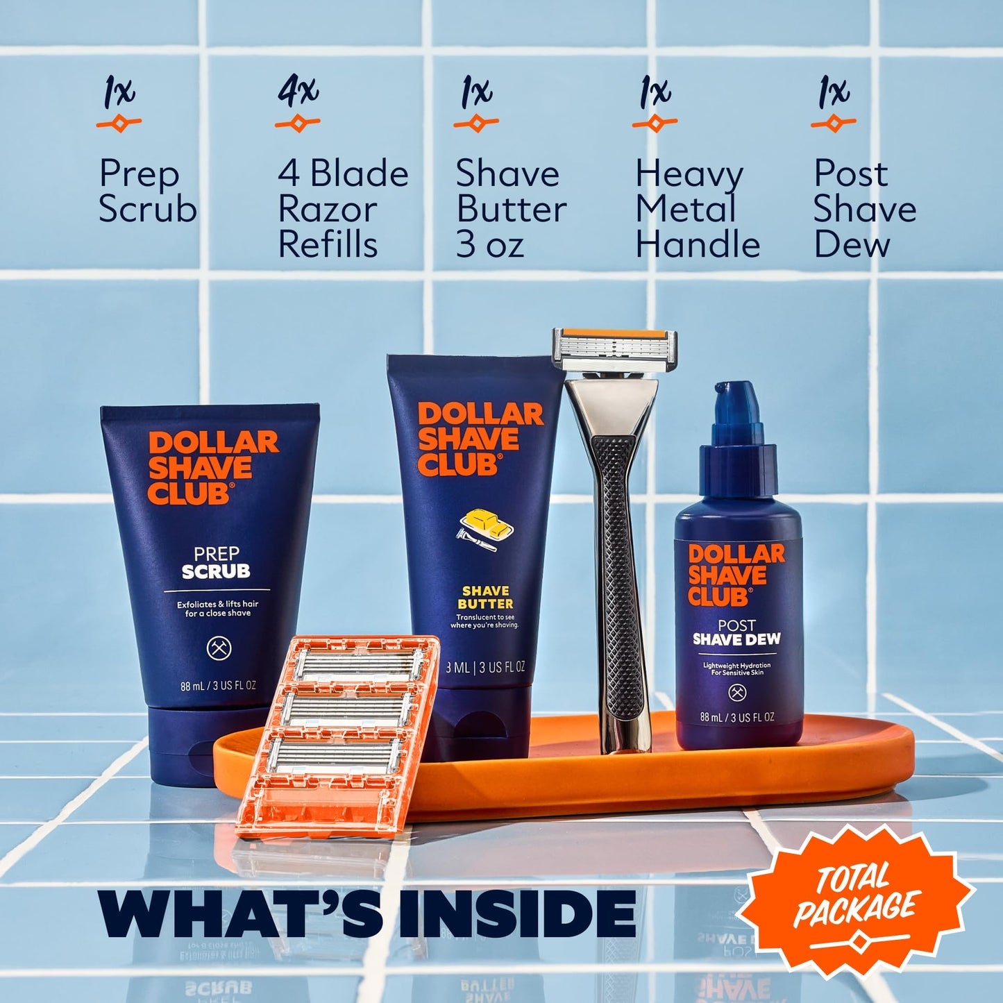 Dollar Shave Club | The Total Package Gift Set | 4 Swift Rinse Refill Cartridges, 1 Heavy Metal Handle, 1 Prep Scrub 3 ounce, 1 Shave Butter 3 ounce, 1 Post Shave Dew 3.4 ounce, Razors for Men