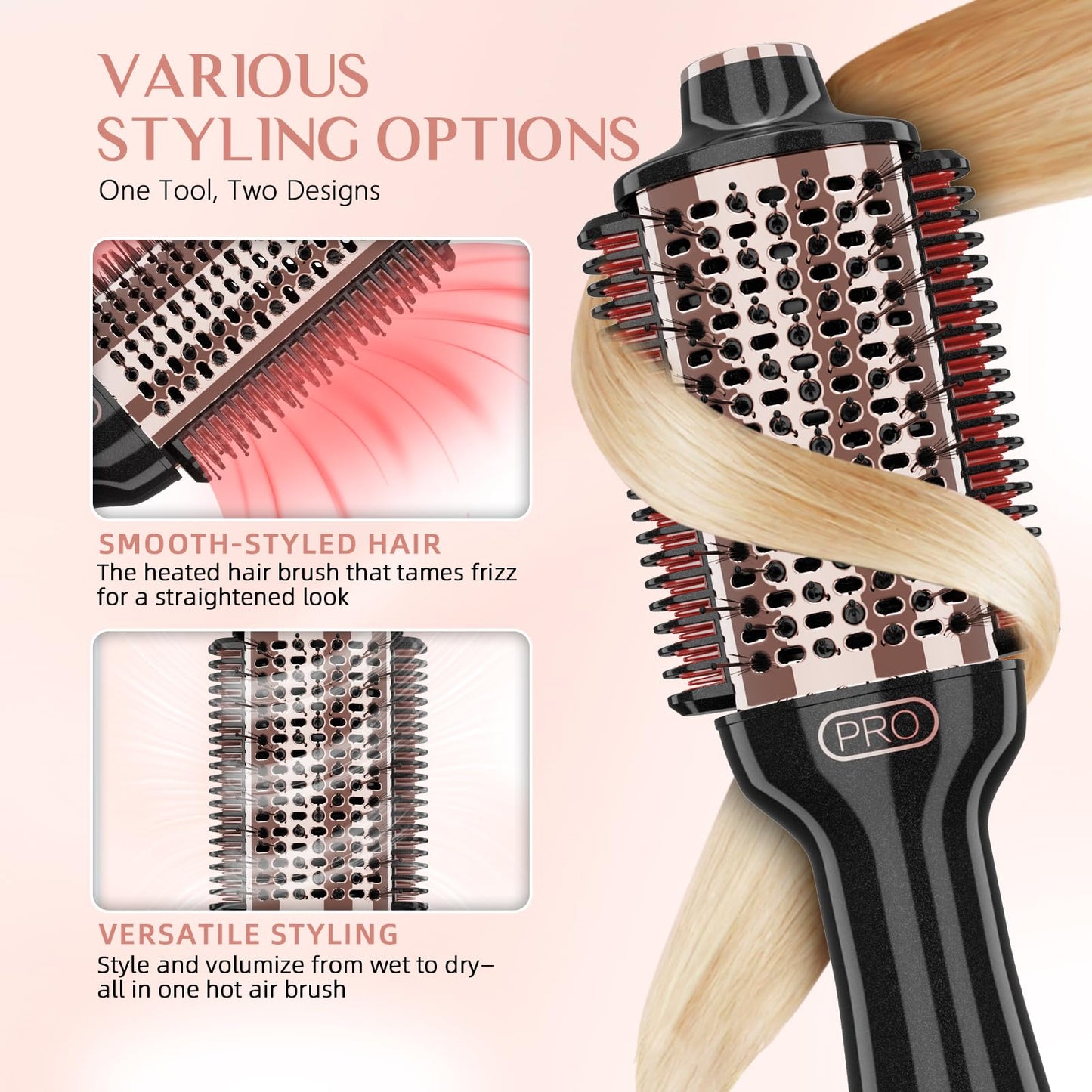 DORISILK 2.0 Upgraded Hair Dryer Brush Blow Dryer + Smooth Heated Comb, One Step Hot Air Brush Hair Straightener, 4 in 1 Blowout Hair Dryer and Styler Volumizer Straightener Curler, Rose Gold + Black