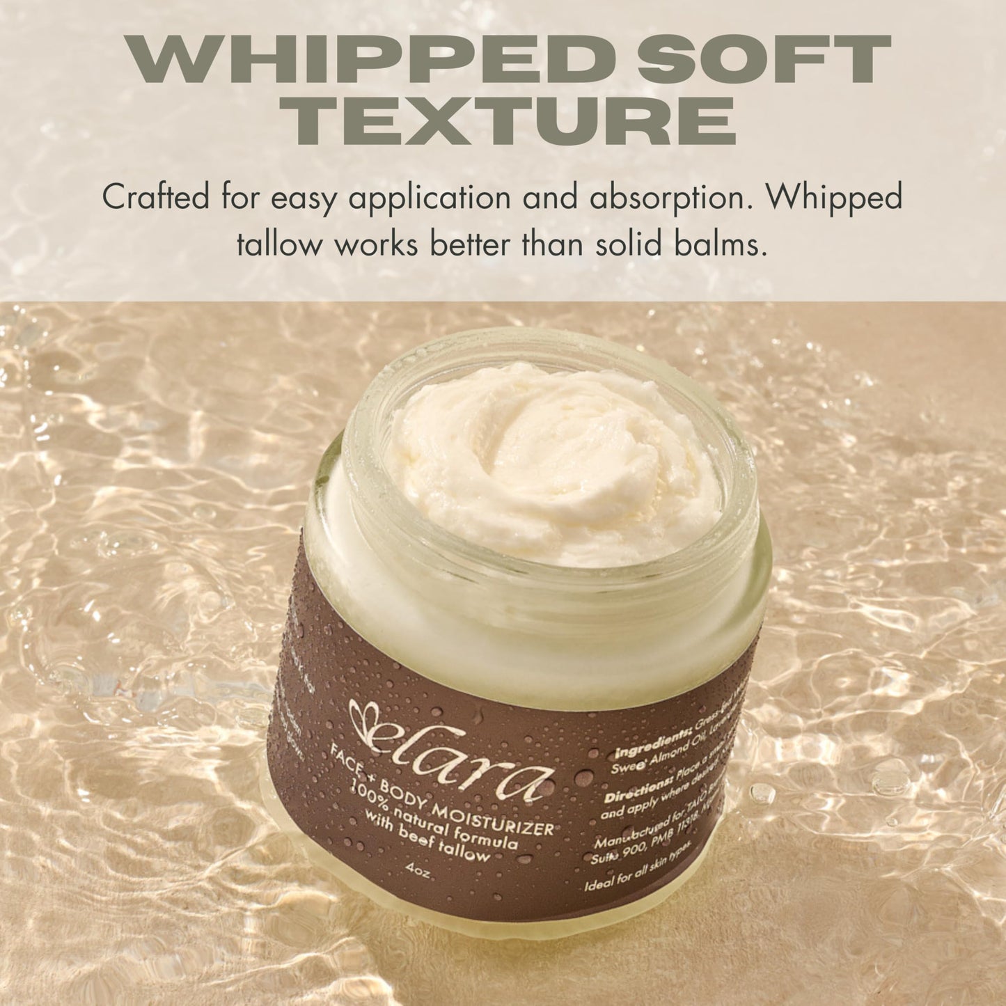 Elara Beef Tallow for Skin - Grass-Fed Whipped Tallow Balm - Face & Body Moisturizer with Sweet Almond Oil - Lightweight Skin Moisturizer for Sensitive Skin - 4 Oz.