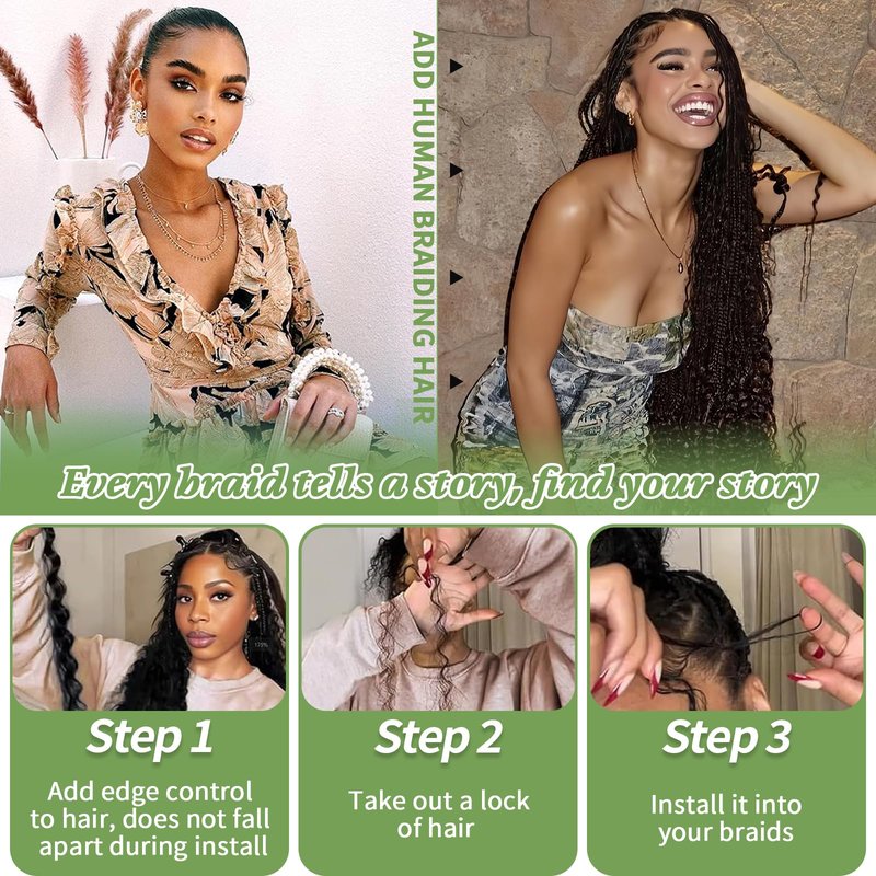Human Braiding Hair for Boho Braids 120g 12A Deep Water Wave Bulk Human Hair Knotless Boho Braiding Curly 100% Virgin No Weft Extensions Bohemian Braids 3 Bundles/Pack Chocolate Brown 14 Inch
