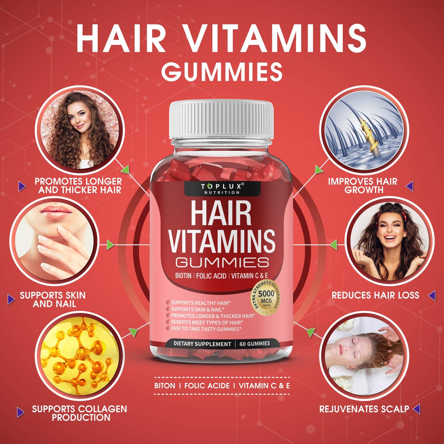 Hair Vitamin Gummies Supplement for Women & Men – Hair Growth Vitamins 5000mcg Biotin Gummies, Folic Acid, Vitamin C & E, Support Stronger & Thicker Hair, Skin, Nails, Non-GMO Vegam for, 60 Count