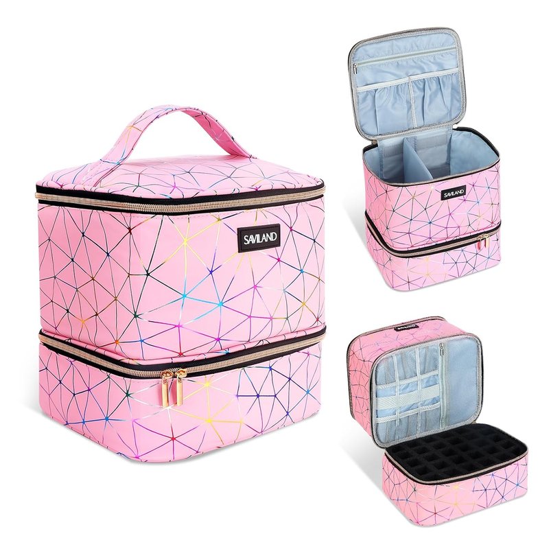 SAVILAND Nail Polish Organizer Bag - PU Leather Storage Case for 30 Bottles & Nail Lamp | Travel-Friendly Nail Tech Accessory