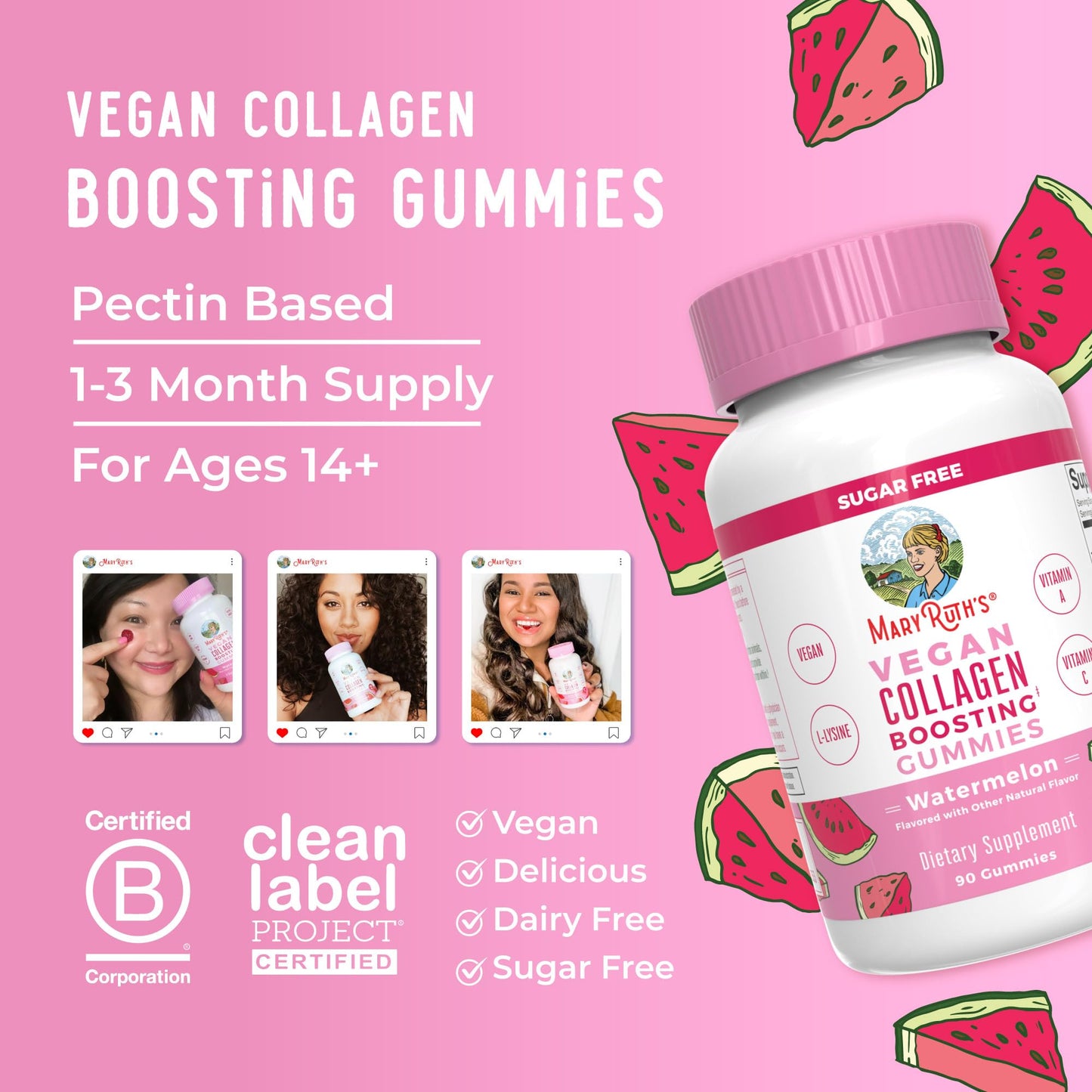 MARYRUTH'S Organics Vegan Collagen for Women & Men, Collagen Boosting Gummies, Skin Care, Lysine, Vitamin C, Vitamin A, Amla, Supplement for Hair & Skin, Vegan, Non-GMO, Gluten Free, 90 Servings
