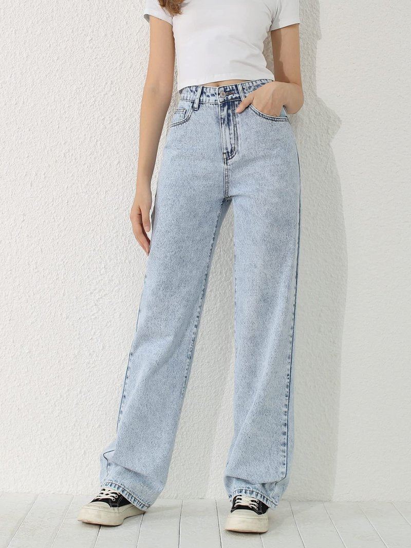 SweatyRocks Girl's High Waisted Solid Straight Leg Jeans Casual Loose Denim Pants Light Wash 10-11Y