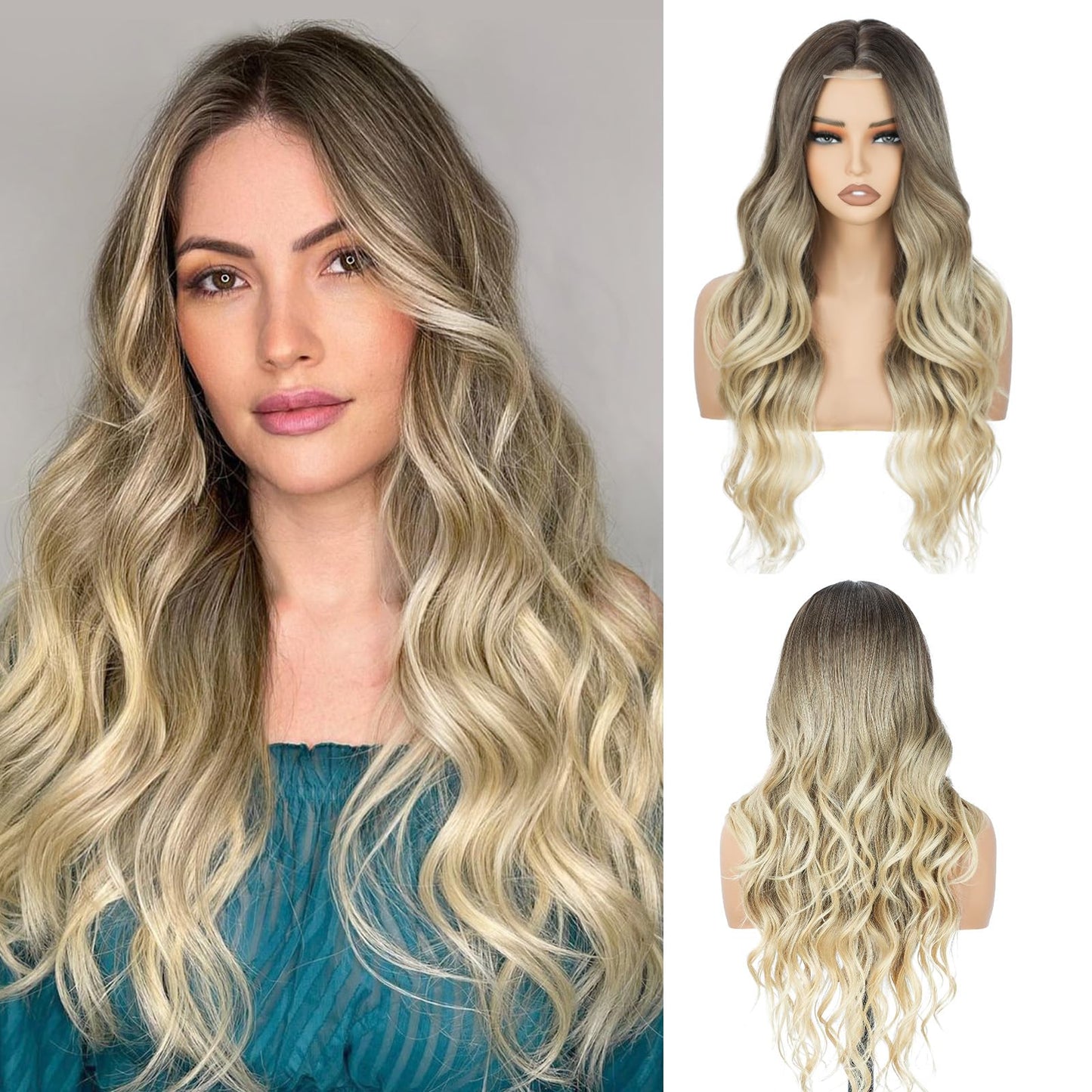 Long Wavy Wig for Women, 26 Inch Synthetic Lace Hairline Ombre Blonde Wigs, Natural-Looking Secure Fit, Soft Heat Resistant Fiber