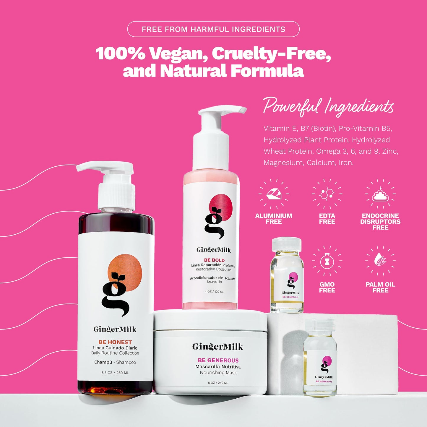 Hair Nourishment Pack SOS by GINGER MILK, Vegan Hair Care Set with pH-Balanced Shampoo 8.5oz, Hair Mask 8oz, Leave-in 4oz & 3 Ampoules | Weak Hair: Nourish, Shine, Strength, Noticeable Results Soon