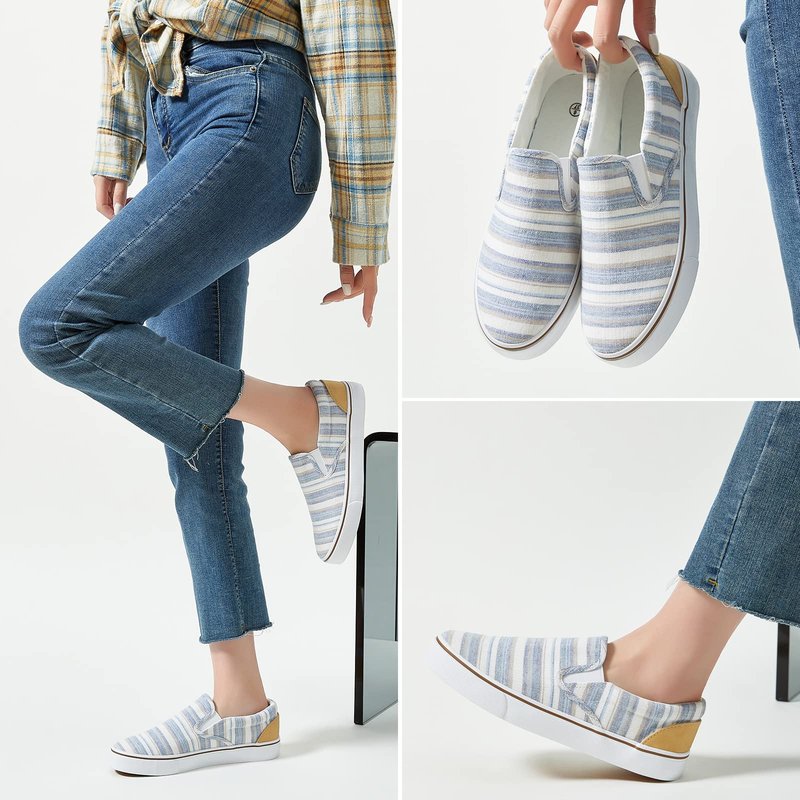 Women's Slip on Shoes Low Top Canvas Sneakers Loafers Non Slip Fashion Casual Low Cut Shoes(Light Blue Stripes.US8.5)…