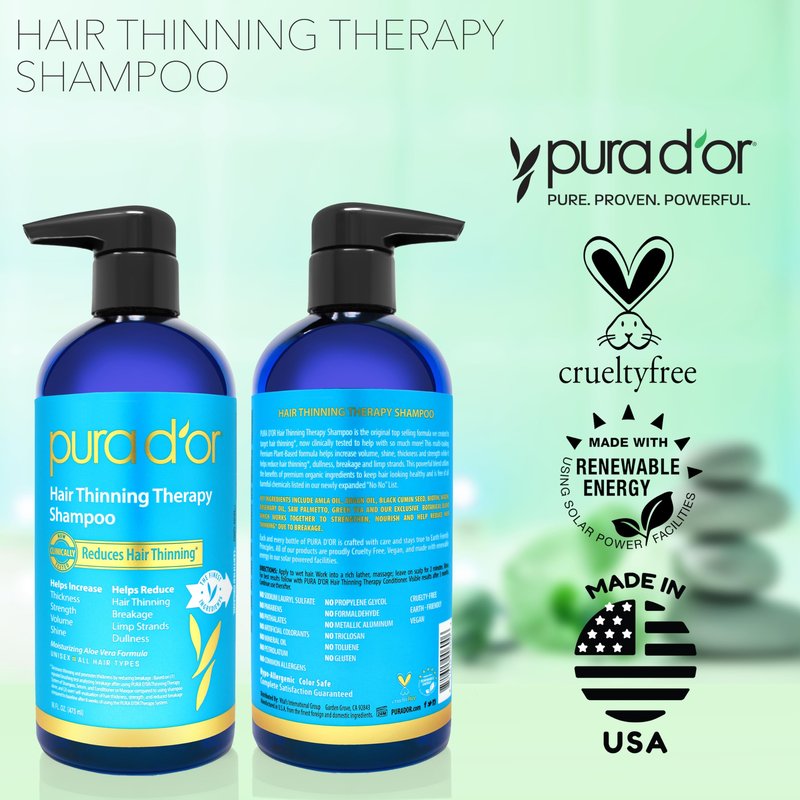 PURA D'OR Hair Thinning Therapy Biotin Shampoo - CLINICALLY TESTED Effective Results, Herbal Blend Hair Thickening Products For Women & Men, Color Safe Routine Shampoo, Herbal Scent 16 Fl Oz