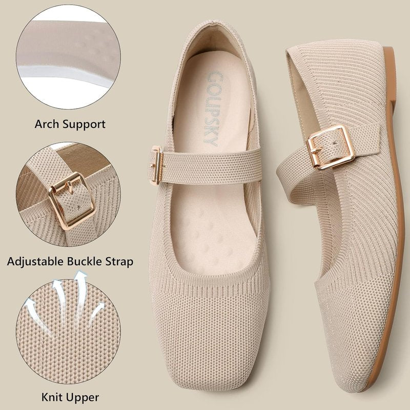 Knit Flats for Women - Square Toe Slip-On Casual Ballet Shoes | Adjustable Strap, Soft & Foldable Mary Jane Design